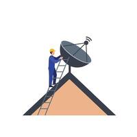 A Technician installing satellite dish on rooftop in flat art vector