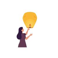 Woman releasing a lantern in a serene atmosphere, a minimal illustration vector