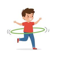 Happy child playing with a hula hoop in flat art style vector