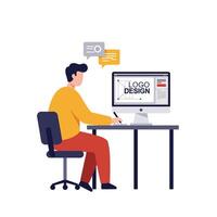 Designer creating logo on computer screen in flat art vector