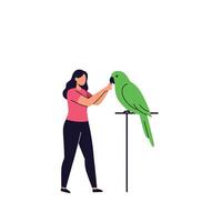 Person interacting with a green parrot in a flat art style vector