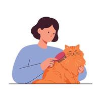 Person grooming a fluffy orange cat in a flat illustration style vector