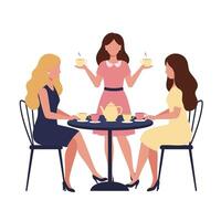 Three friends enjoying tea time in minimal flat design art vector