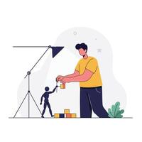 Person assisting small figure with building blocks in minimal art vector