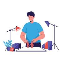 Man arranging colorful figures in a studio setting with flat illustration vector