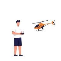 Person flying remote-controlled helicopter in minimal flat art illustration vector