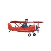 Red biplane flying with pilot in flat and minimal art vector