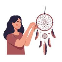 Woman adjusting intricate dreamcatcher with feathers in flat art style vector