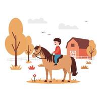 Boy riding a horse in a farm setting with trees and barn flat art vector