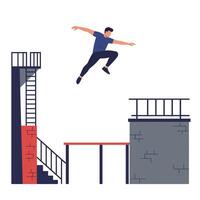 Person jumping between buildings in flat minimal art illustration vector