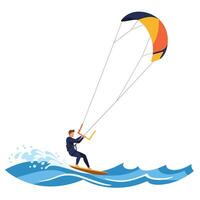 Kitesurfer riding waves in vibrant colors with flat design style art vector