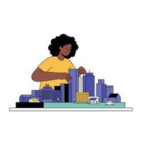 Person interacting with a miniature city model in flat art style vector