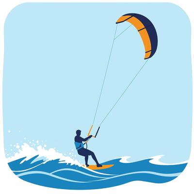 Kitesurfer riding waves in dynamic pose with flat design style art