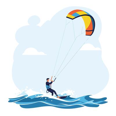Kitesurfer riding ocean waves in flat, colorful design style illustration