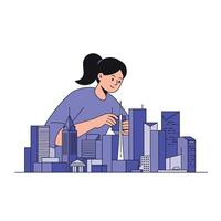 Woman constructing a city skyline in minimal flat art vector