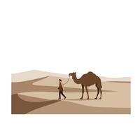 Camel walking through desert landscape in flat design style art vector