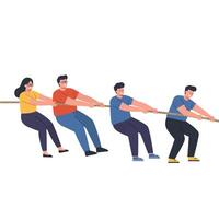 Group of four people participating in a tug-of-war game in flat art vector