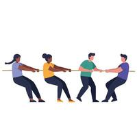 Group of people engaged in a tug of war competition in flat art vector
