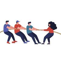 Group of people engaged in a tug-of-war game in flat art vector