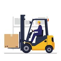Forklift operator moving box in flat, minimal illustration vector