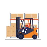 Forklift operator transporting boxes in a warehouse flat illustration vector
