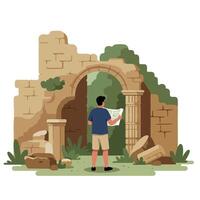 Person exploring ancient ruins in a minimal flat design illustration vector