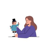 Child playing with puppet in flat minimalist illustration style vector