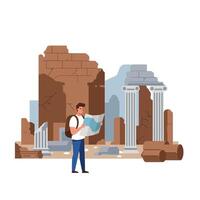 Man exploring ancient ruins while holding a map in flat art vector