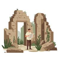 Man Reading Map Among Ancient Ruins in Flat Minimal Art vector