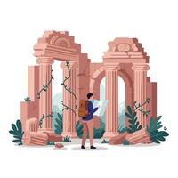 Explorer studying ancient ruins with greenery in detailed flat art vector