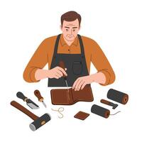 Craftsman working on leather wallet in flat design art vector