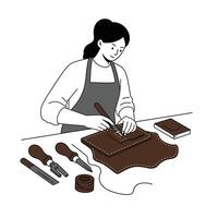 Leather crafting process with tools in minimal flat design art vector