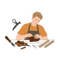 Craftsman working on leather project in flat art style showcasing tools and materials illustration vector