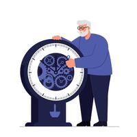 Elderly man adjusting a clock mechanism in flat art vector