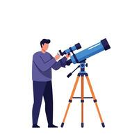 Person using telescope observing stars in flat art vector
