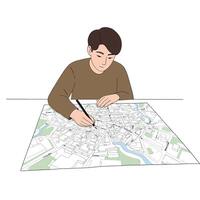 Young person sketching detailed city map in flat art style vector
