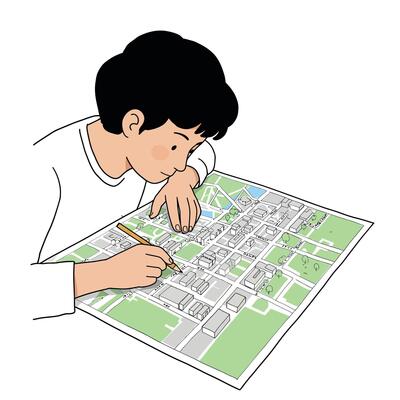 Young boy drawing on map in flat style art