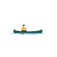 Person paddling a canoe in a serene lake setting with flat art vector