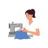 Woman operating a sewing machine in a minimal flat illustration vector