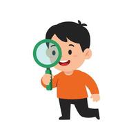 Happy child holding a magnifying glass in a flat art style vector