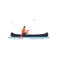 Person in a canoe paddling through calm water in flat art vector
