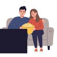 Couple enjoying movie night on a couch with popcorn in flat art vector