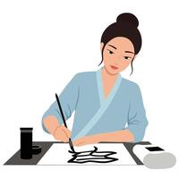 Woman creating art with brush in minimal flat design illustration vector