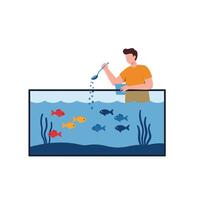 Man feeding colorful fish in aquarium using minimal flat art vector