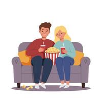 Couple enjoying movie night on couch with popcorn in flat illustration vector