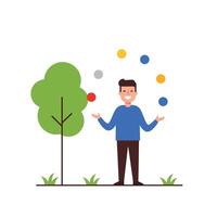 Cheerful person juggling colorful balls next to a green tree in flat art vector