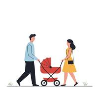 A couple walking together with a stroller in flat art style vector