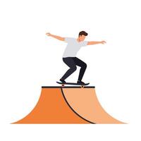 Skateboarder performing tricks on a ramp in a flat art style vector