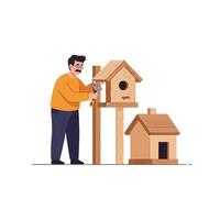 Man assembling a birdhouse in a flat design style art vector