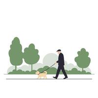 Elderly man walking dog in a park with minimal flat design art vector